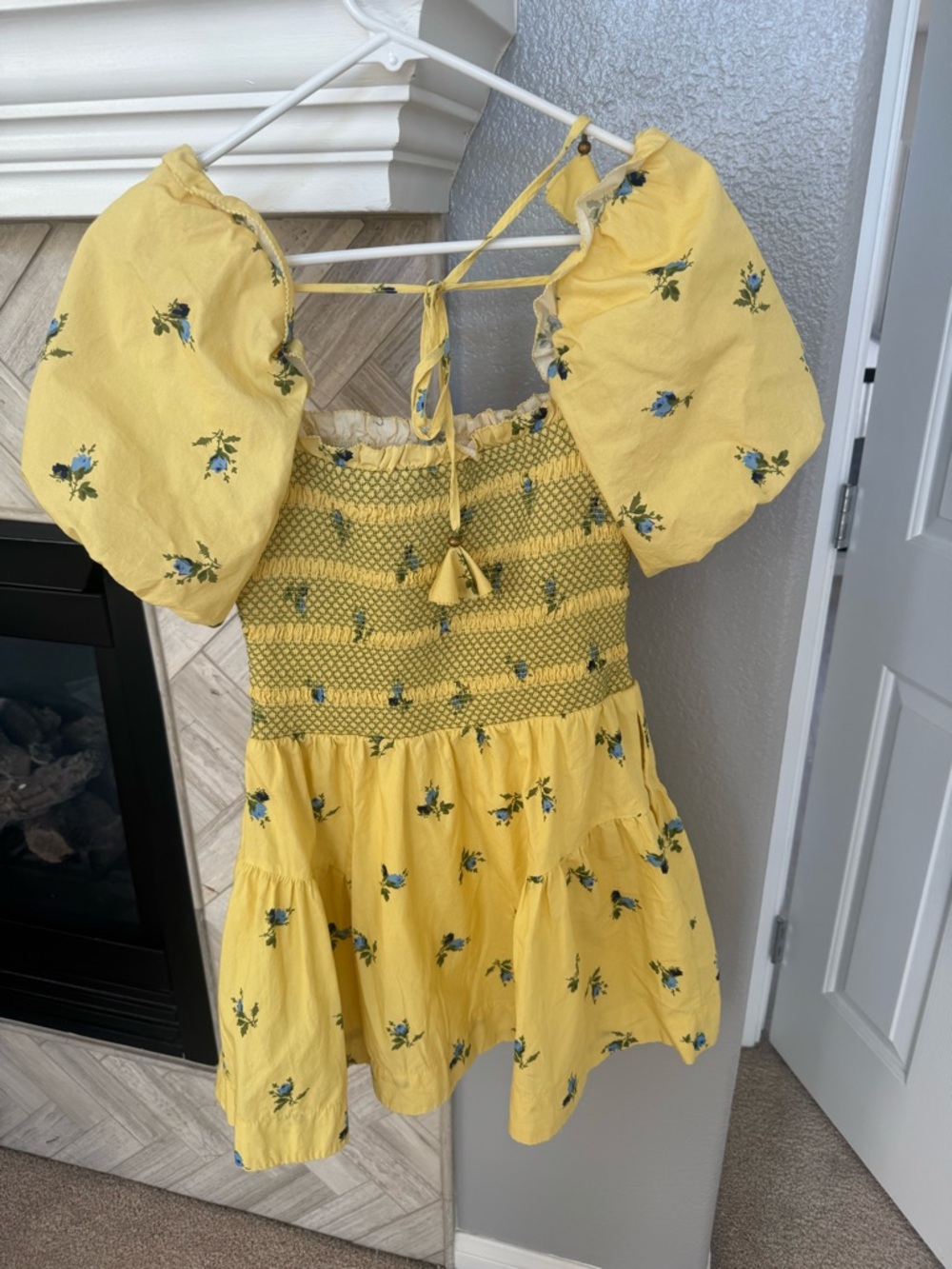 Anthropologie Yellow Smocked Puff-Sleeve Mini Dress with Blue Floral Print - Picture 4 of 4